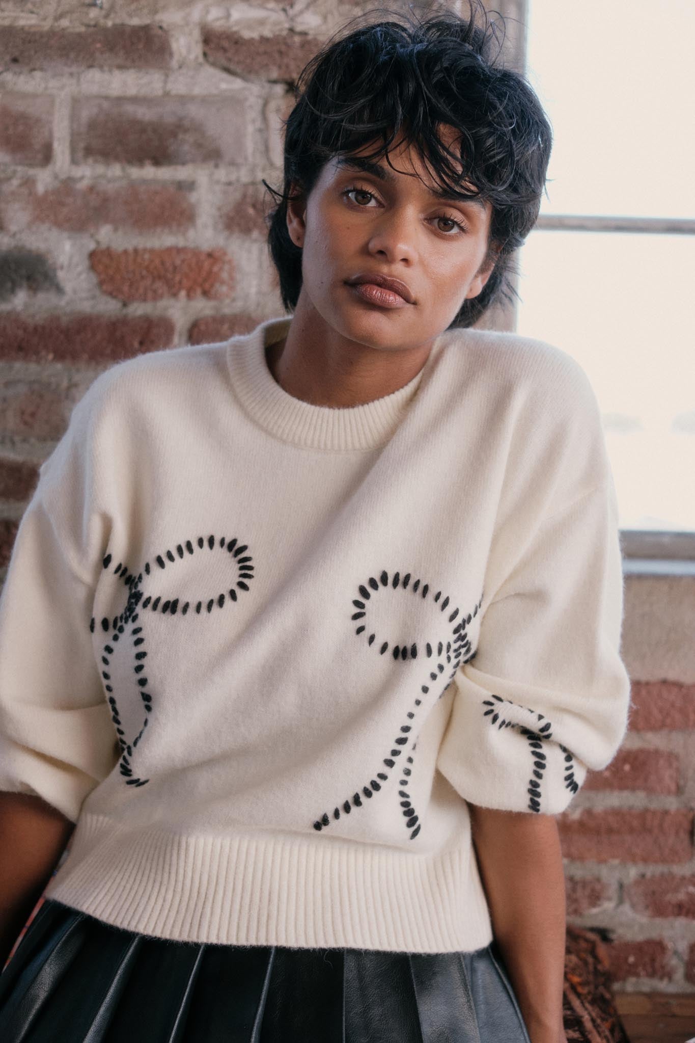 Promise Me Bow-Embroidered Balloon-Sleeve Sweater - ShopPromesa