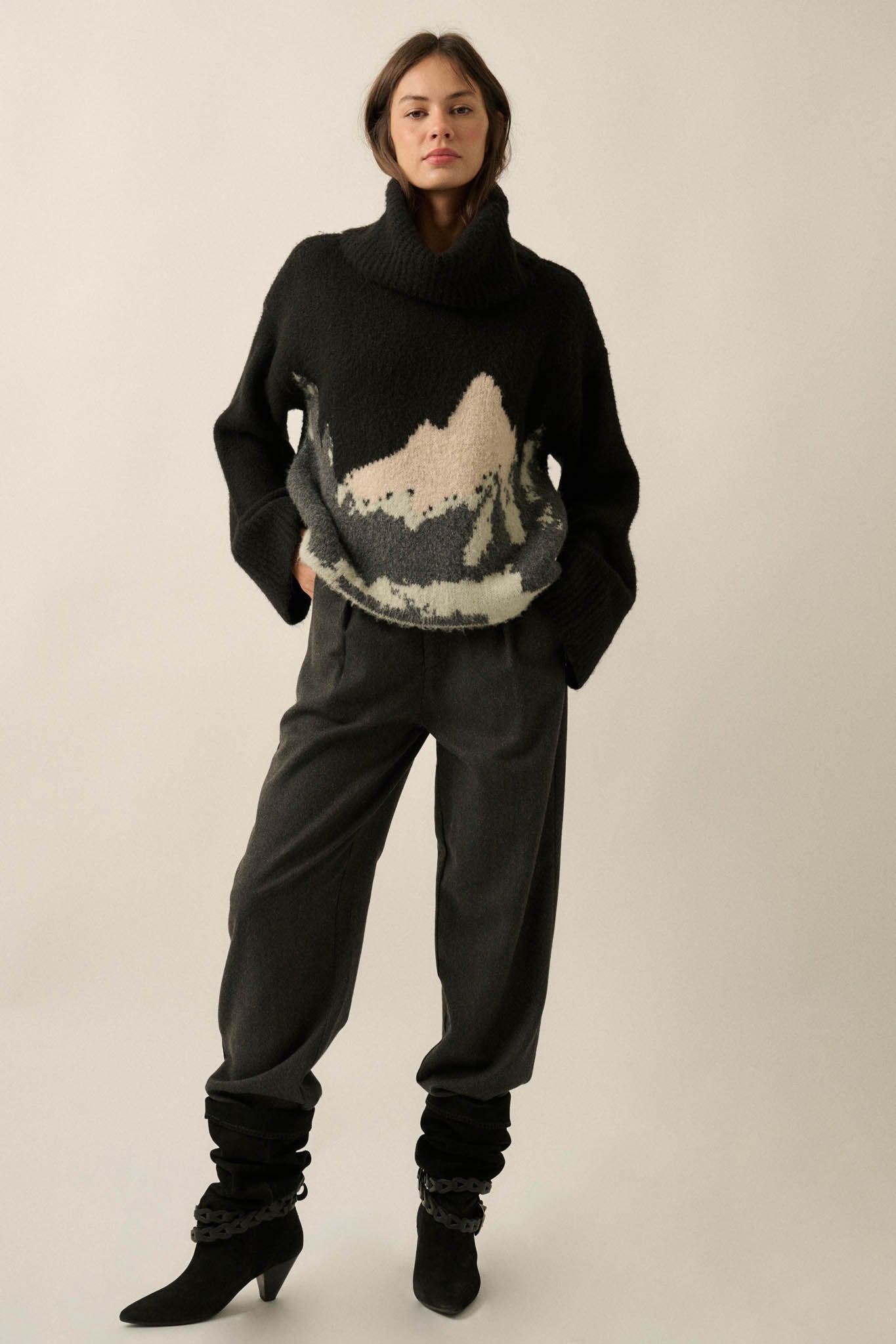 Big Sky Turtleneck Wide-Sleeve Landscape Sweater - ShopPromesa