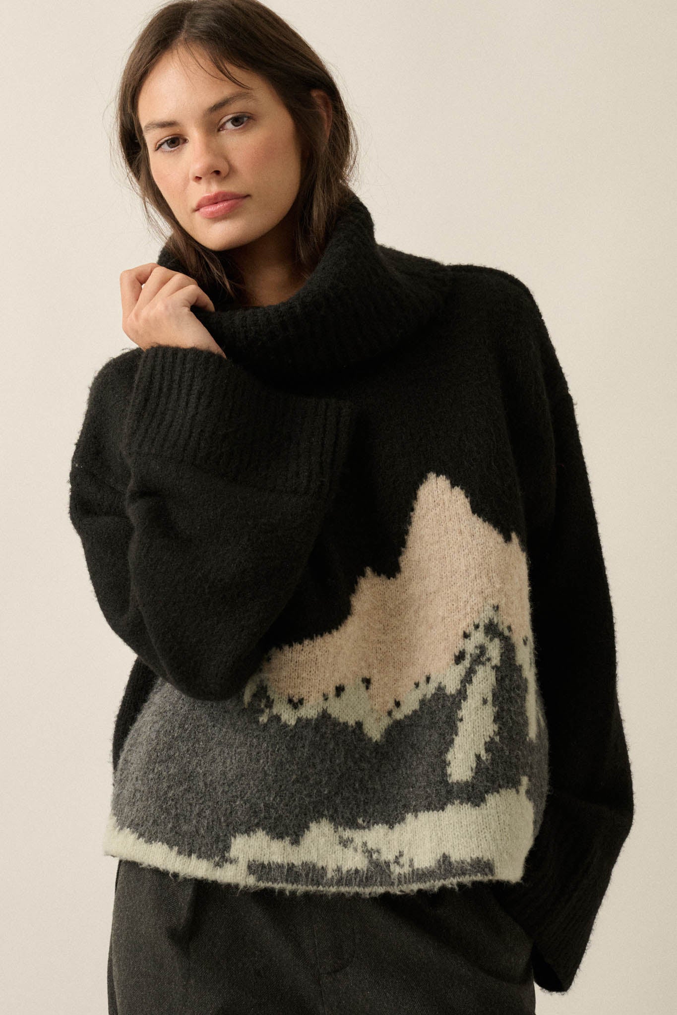 Big Sky Turtleneck Wide-Sleeve Landscape Sweater - ShopPromesa