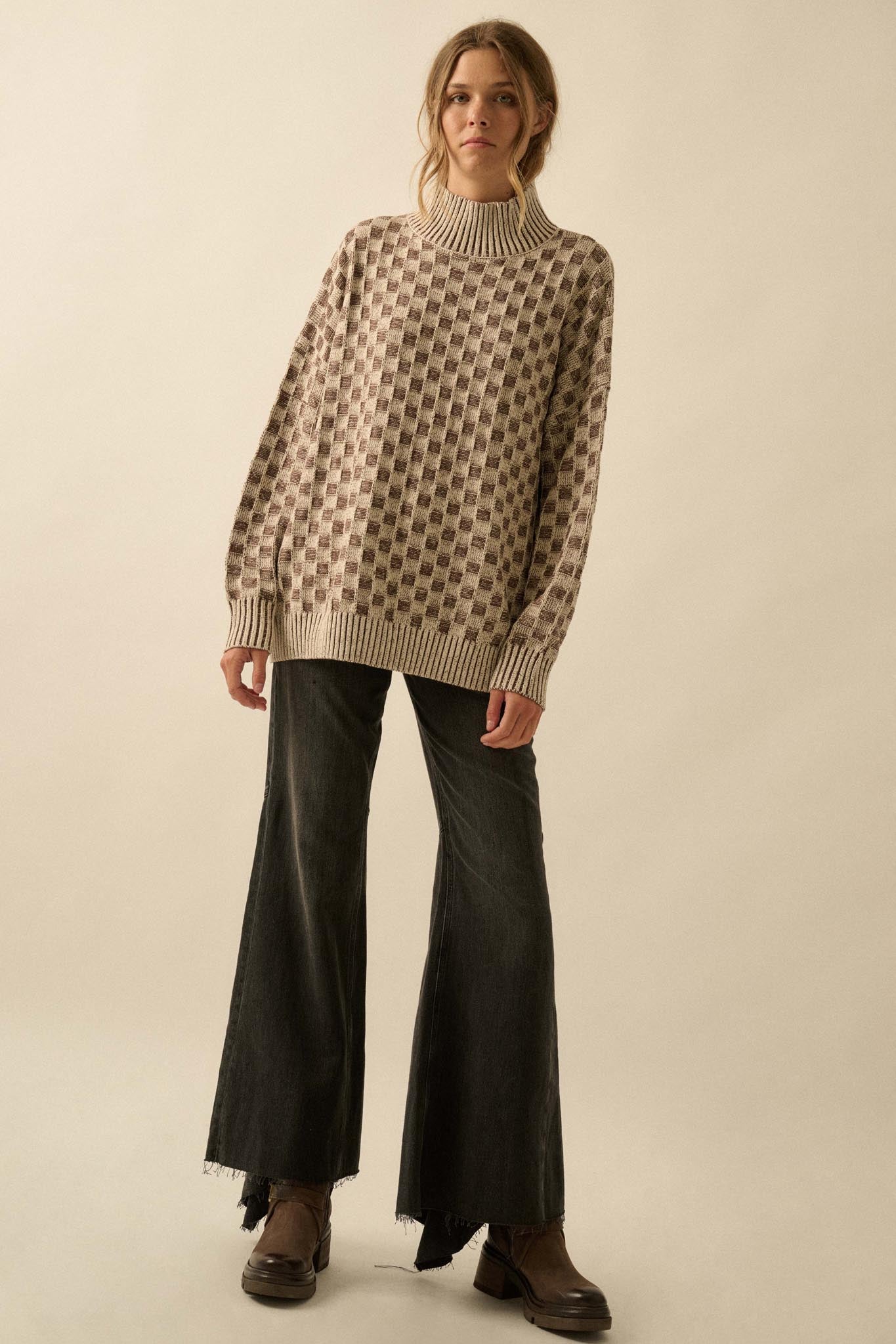 Checkmake Checkered Knit Mock-Neck Sweater - ShopPromesa