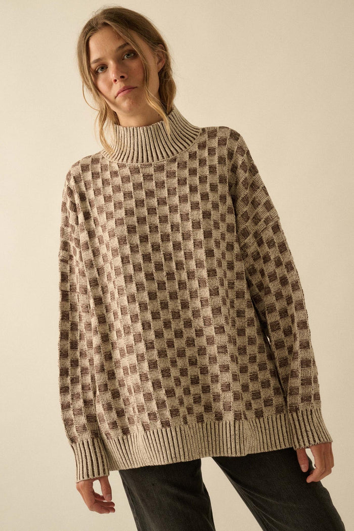 Checkmake Checkered Knit Mock-Neck Sweater - ShopPromesa