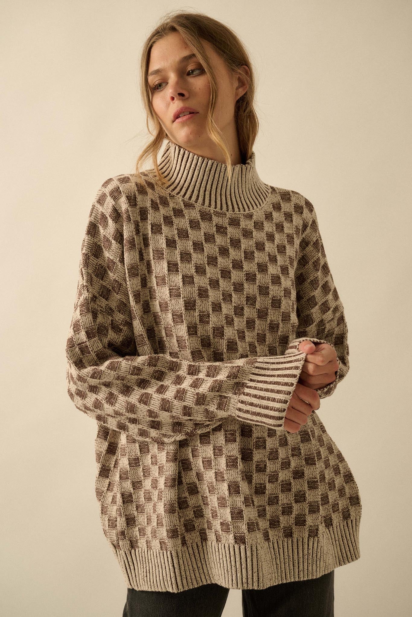 Checkmake Checkered Knit Mock-Neck Sweater - ShopPromesa