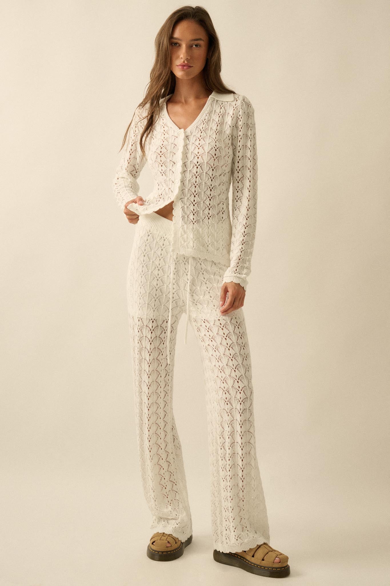 Anything for You Pointelle-Knit Collared Cardigan - ShopPromesa