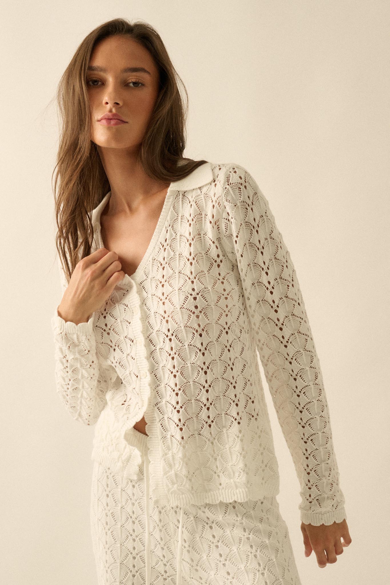 Anything for You Pointelle-Knit Collared Cardigan - ShopPromesa