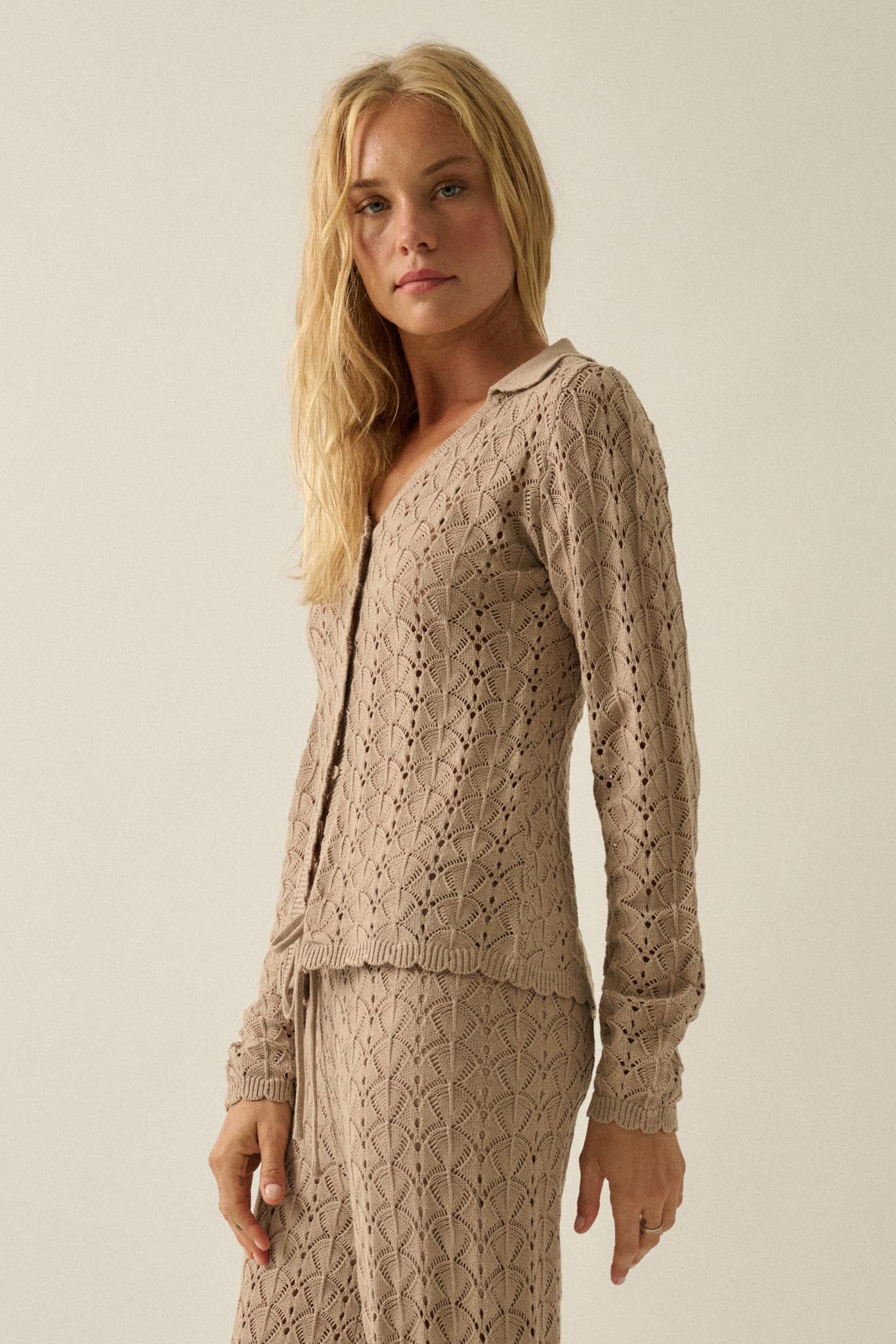 Anything for You Pointelle-Knit Collared Cardigan - ShopPromesa