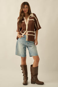 Across the Way Striped Crochet-Knit Camp Shirt - ShopPromesa