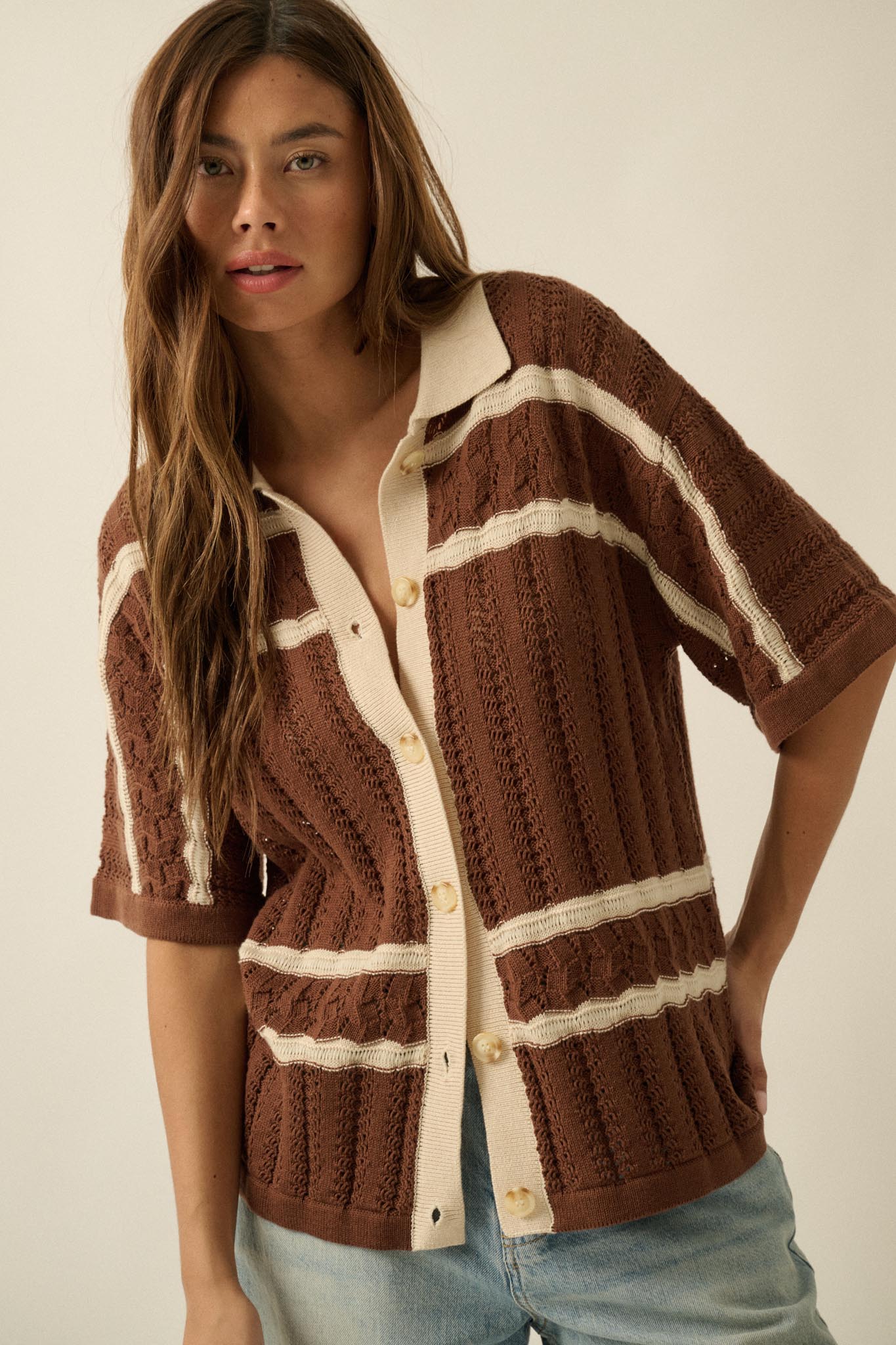 Across the Way Striped Crochet-Knit Camp Shirt - ShopPromesa