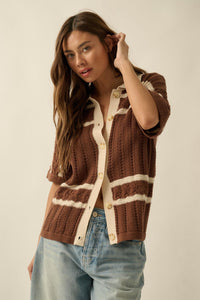 Across the Way Striped Crochet-Knit Camp Shirt - ShopPromesa