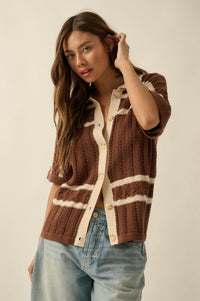 Across the Way Striped Crochet-Knit Camp Shirt - ShopPromesa