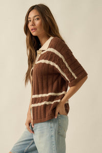 Across the Way Striped Crochet-Knit Camp Shirt - ShopPromesa