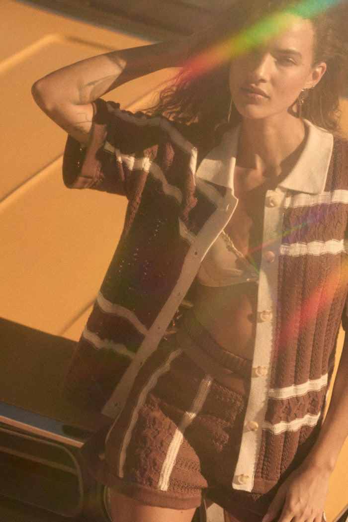 Across the Way Striped Crochet-Knit Camp Shirt - ShopPromesa