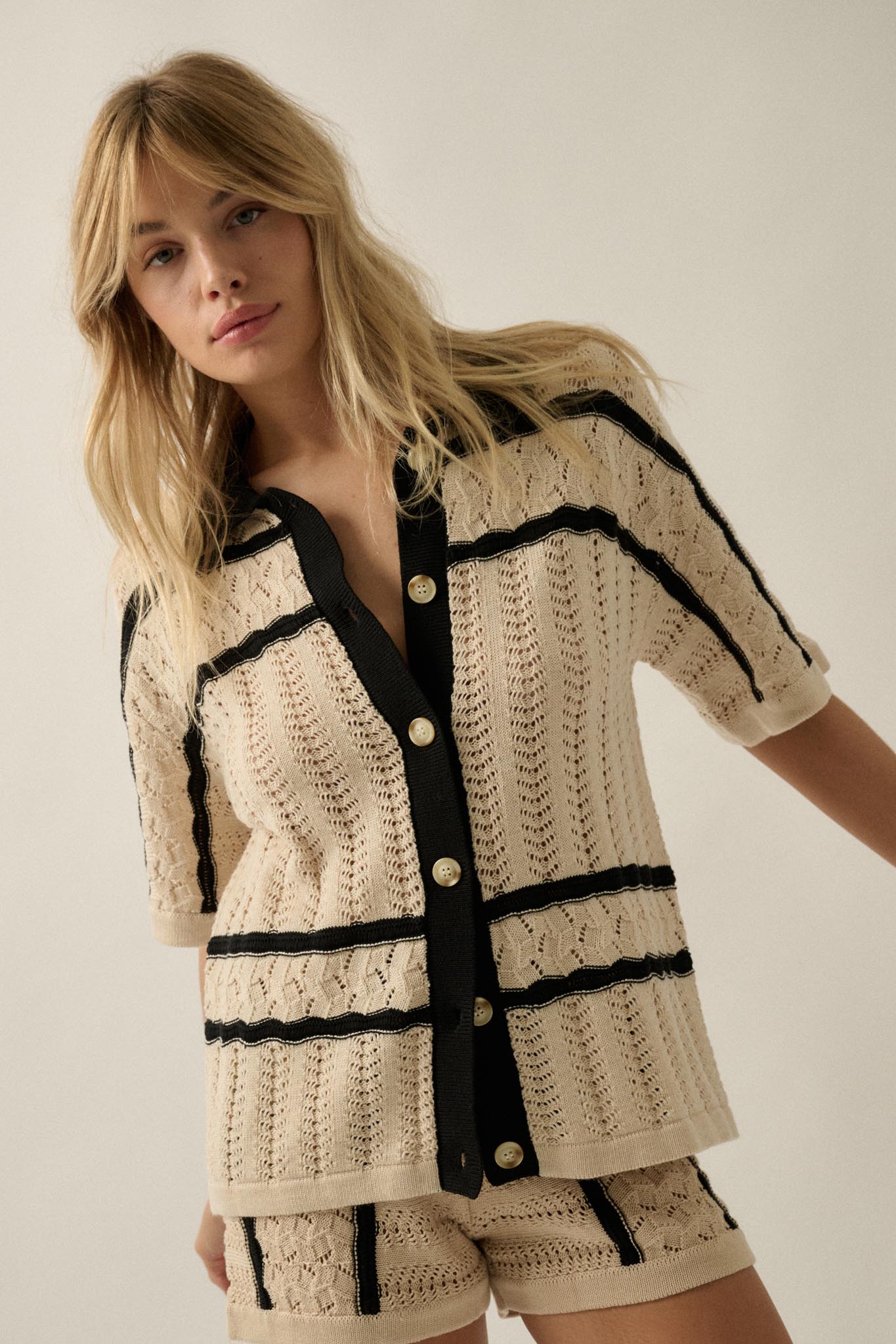 Across the Way Striped Crochet-Knit Camp Shirt - ShopPromesa