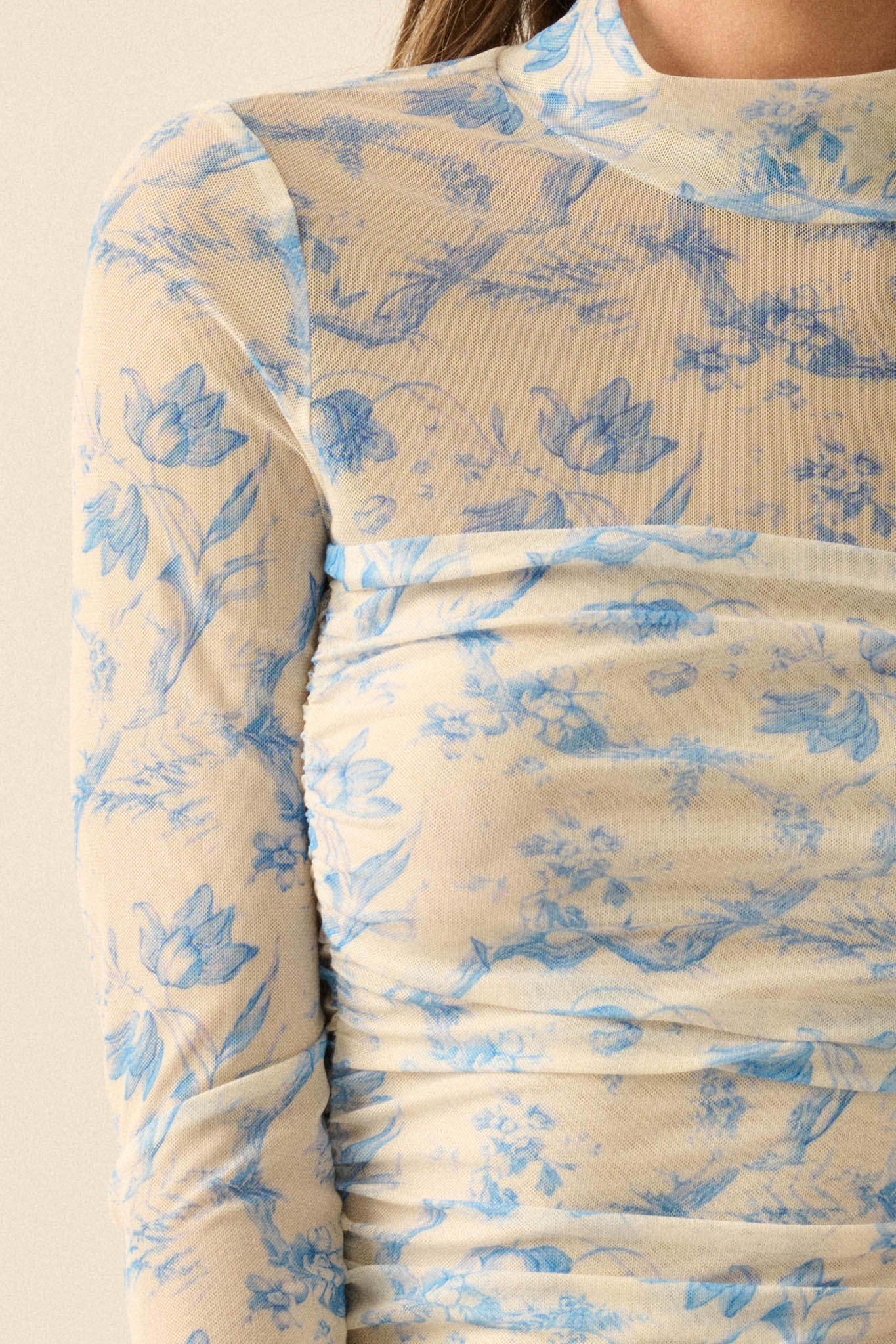 Fleur du Jour Floral-Print Mesh Ruched Bodysuit - ShopPromesa