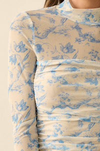 Fleur du Jour Floral-Print Mesh Ruched Bodysuit - ShopPromesa