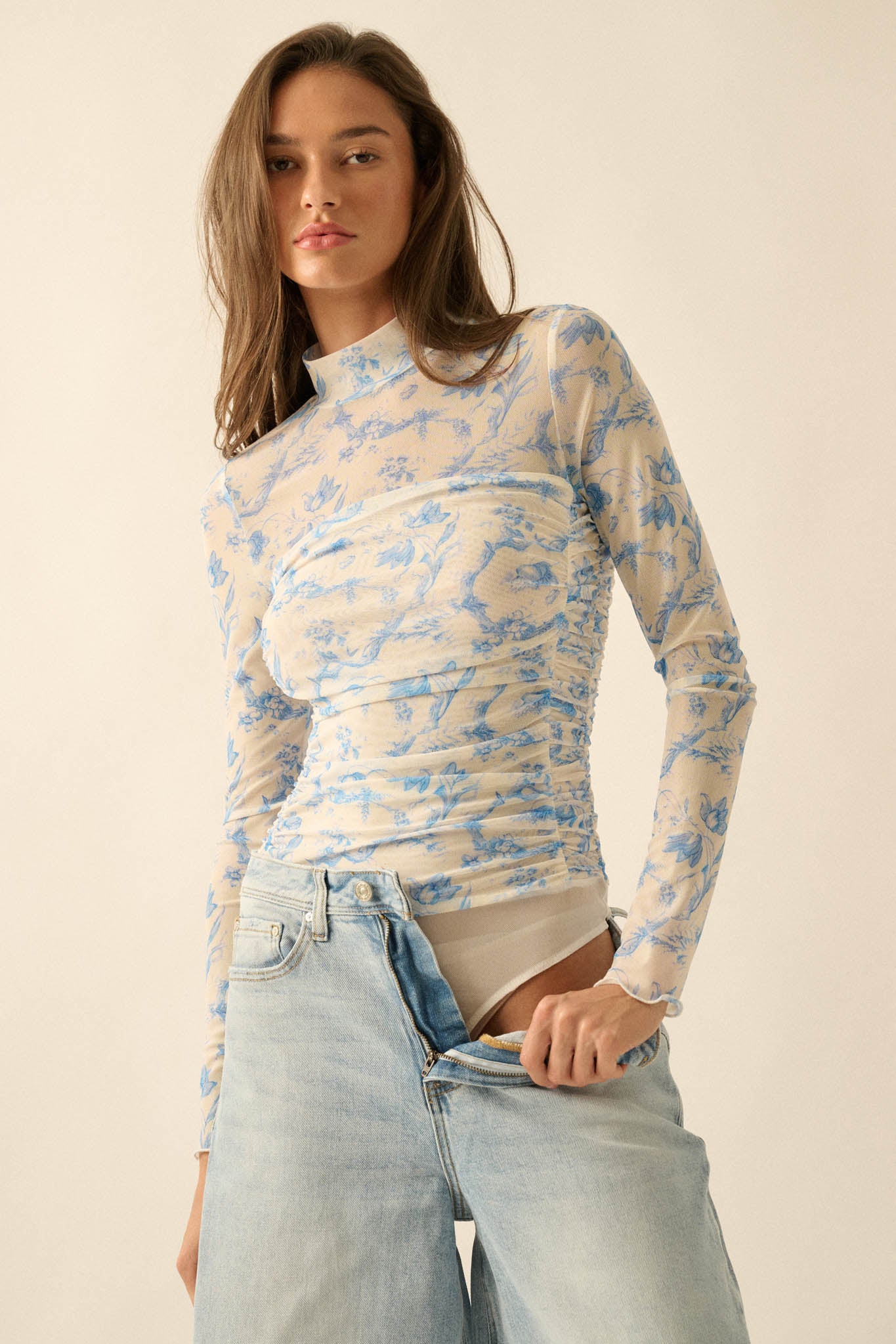 Fleur du Jour Floral-Print Mesh Ruched Bodysuit - ShopPromesa