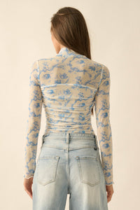 Fleur du Jour Floral-Print Mesh Ruched Bodysuit - ShopPromesa