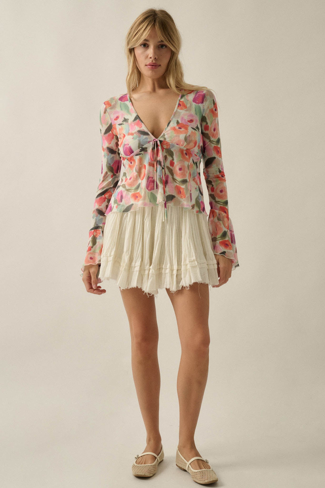Blooming Brushstrokes Floral Mesh Bell-Sleeve Top - ShopPromesa