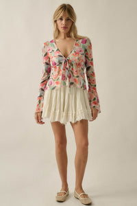 Blooming Brushstrokes Floral Mesh Bell-Sleeve Top - ShopPromesa
