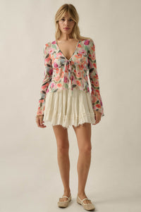 Blooming Brushstrokes Floral Mesh Bell-Sleeve Top - ShopPromesa