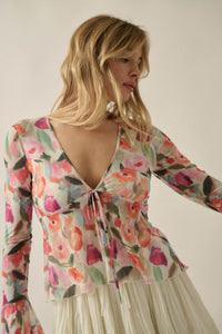 Blooming Brushstrokes Floral Mesh Bell-Sleeve Top - ShopPromesa