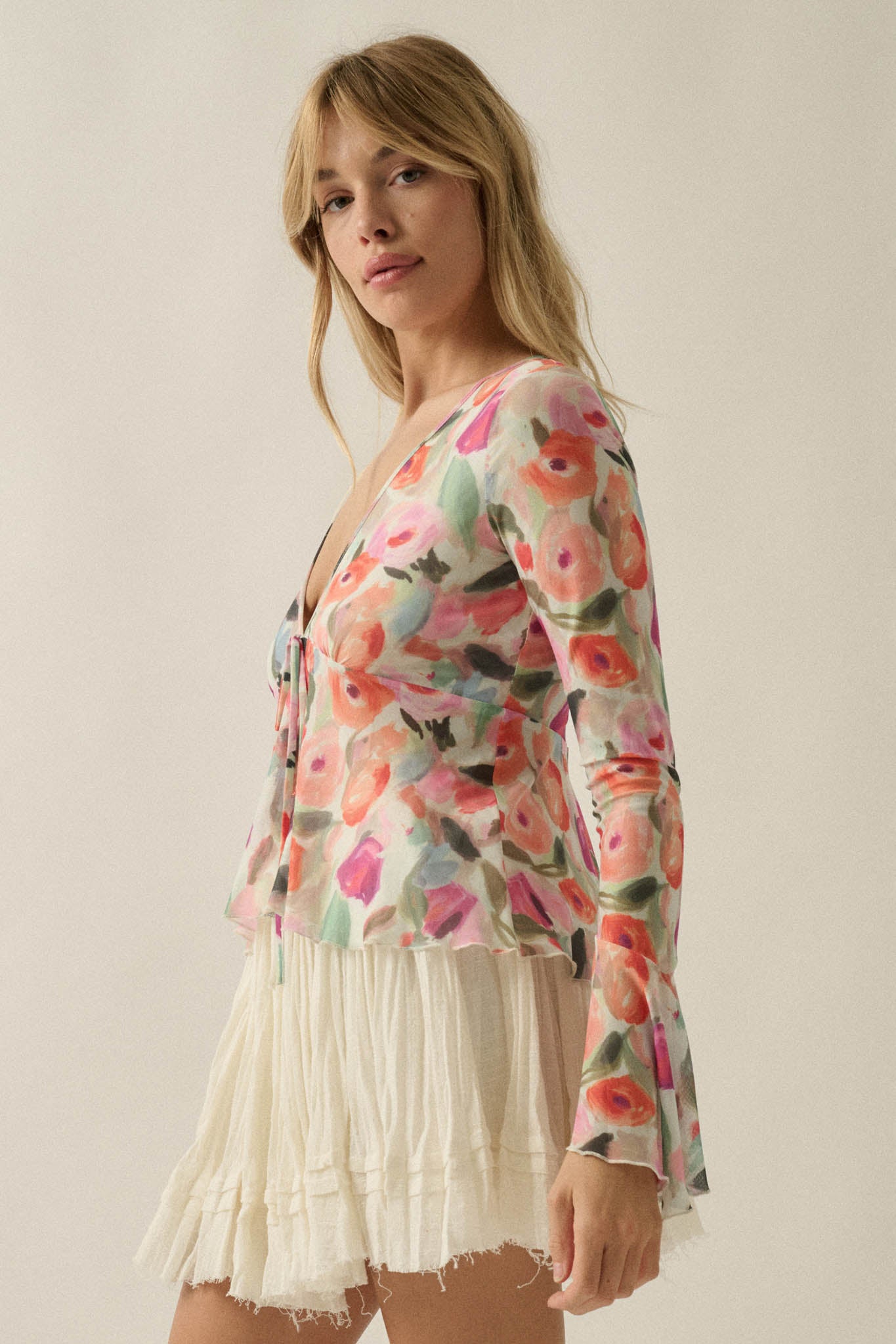 Blooming Brushstrokes Floral Mesh Bell-Sleeve Top - ShopPromesa