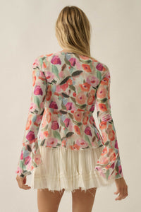 Blooming Brushstrokes Floral Mesh Bell-Sleeve Top - ShopPromesa