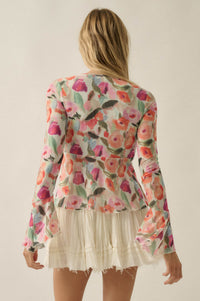 Blooming Brushstrokes Floral Mesh Bell-Sleeve Top - ShopPromesa