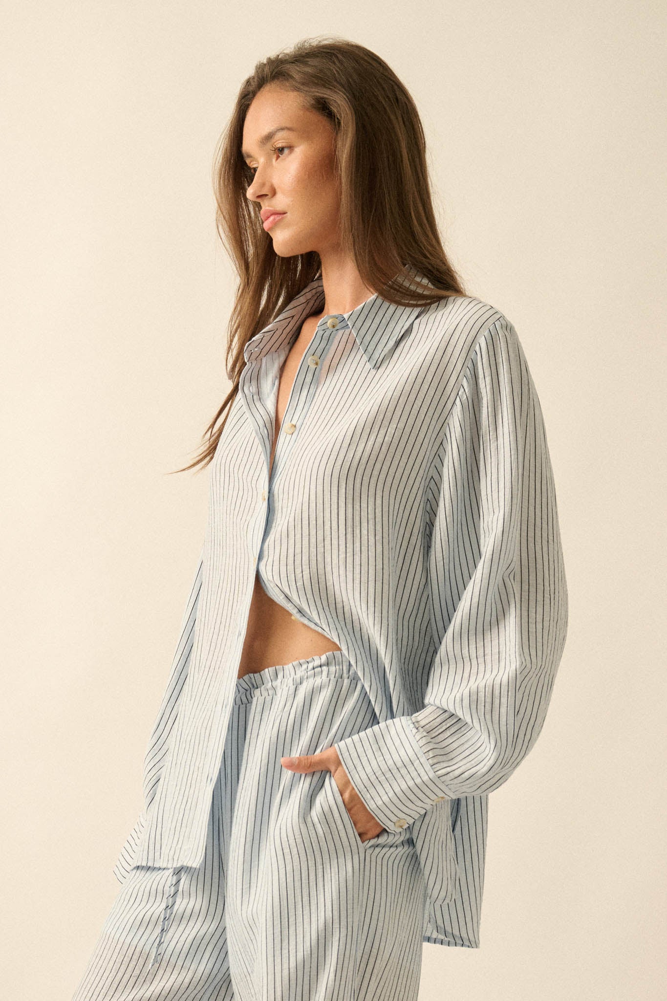 Easy Morning Pinstripe Oversize Button-Up Shirt - ShopPromesa