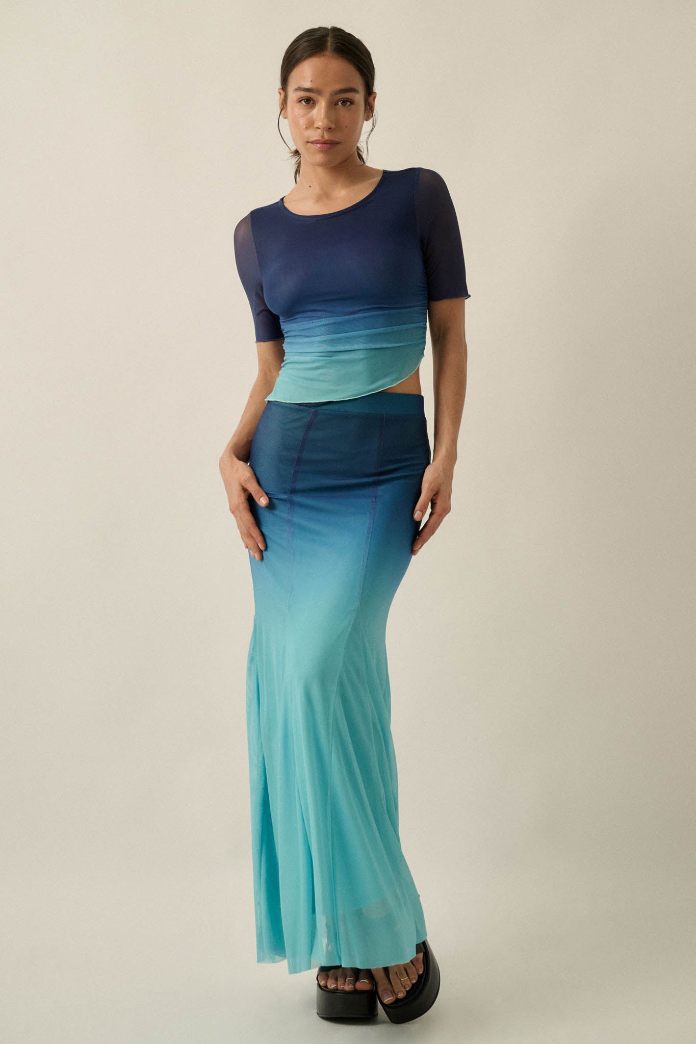 Twilight Sky Ombre Mesh Ruched Asymmetrical Top - ShopPromesa