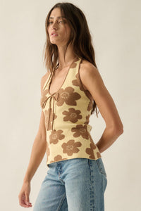 Flower Fun Floral Jacquard-Knit Sweater Halter Top - ShopPromesa
