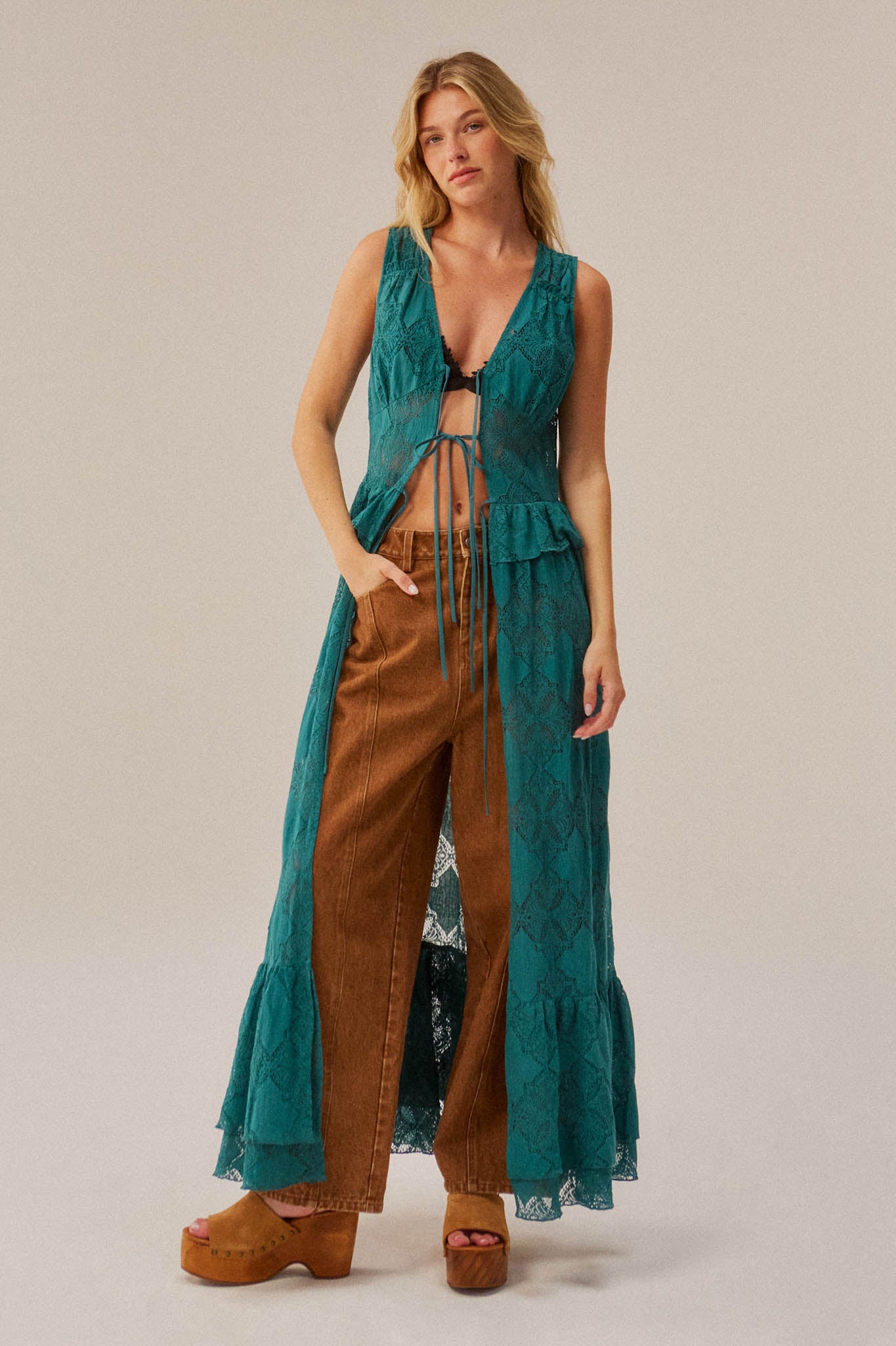 Fly Me Away Sheer Lace Tie-Front Maxi Top