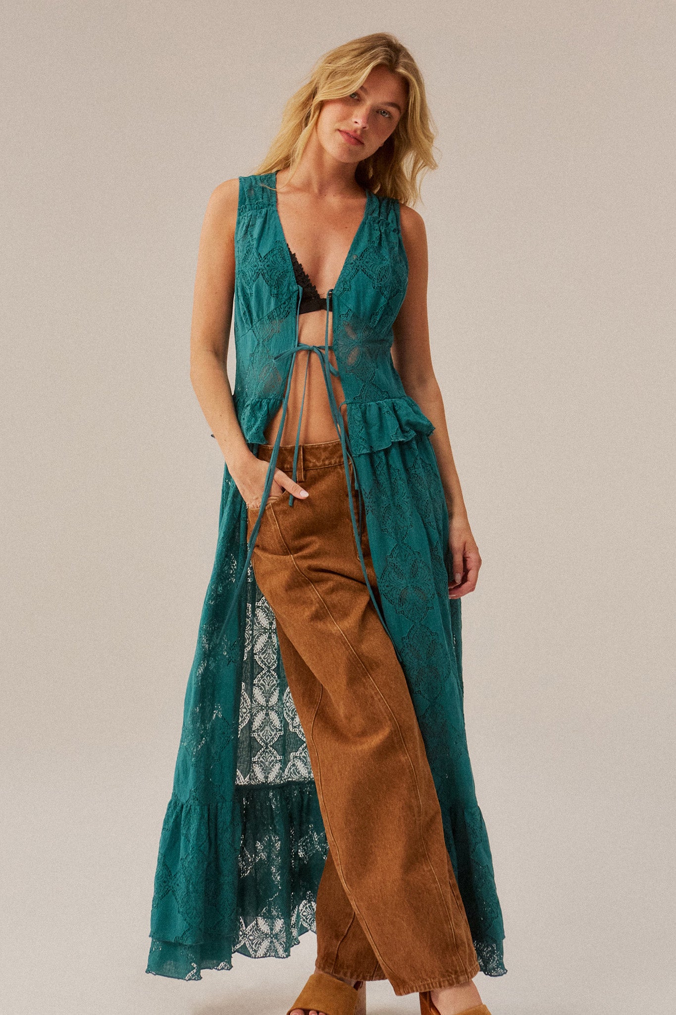 Fly Me Away Sheer Lace Tie-Front Maxi Top
