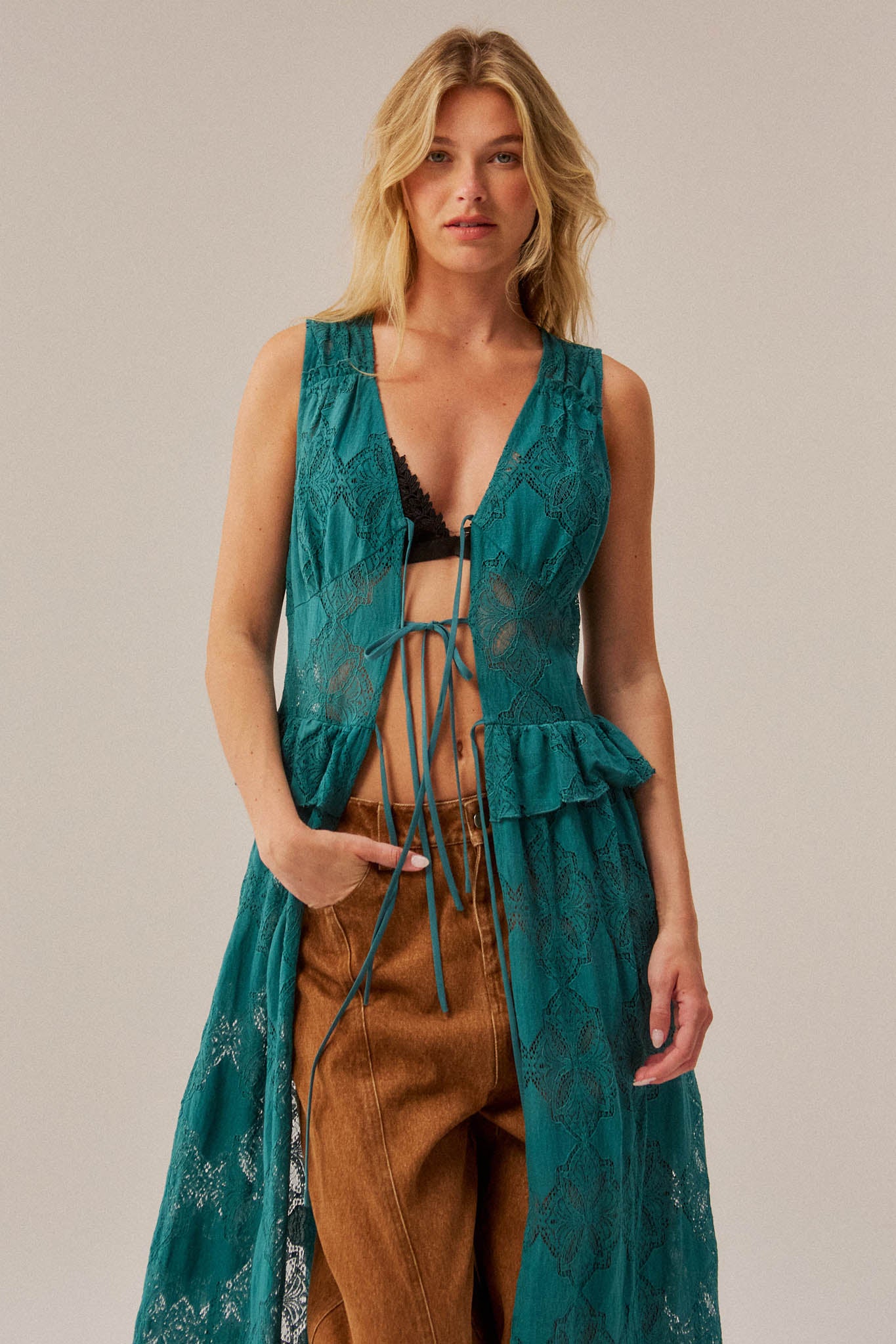 Fly Me Away Sheer Lace Tie-Front Maxi Top