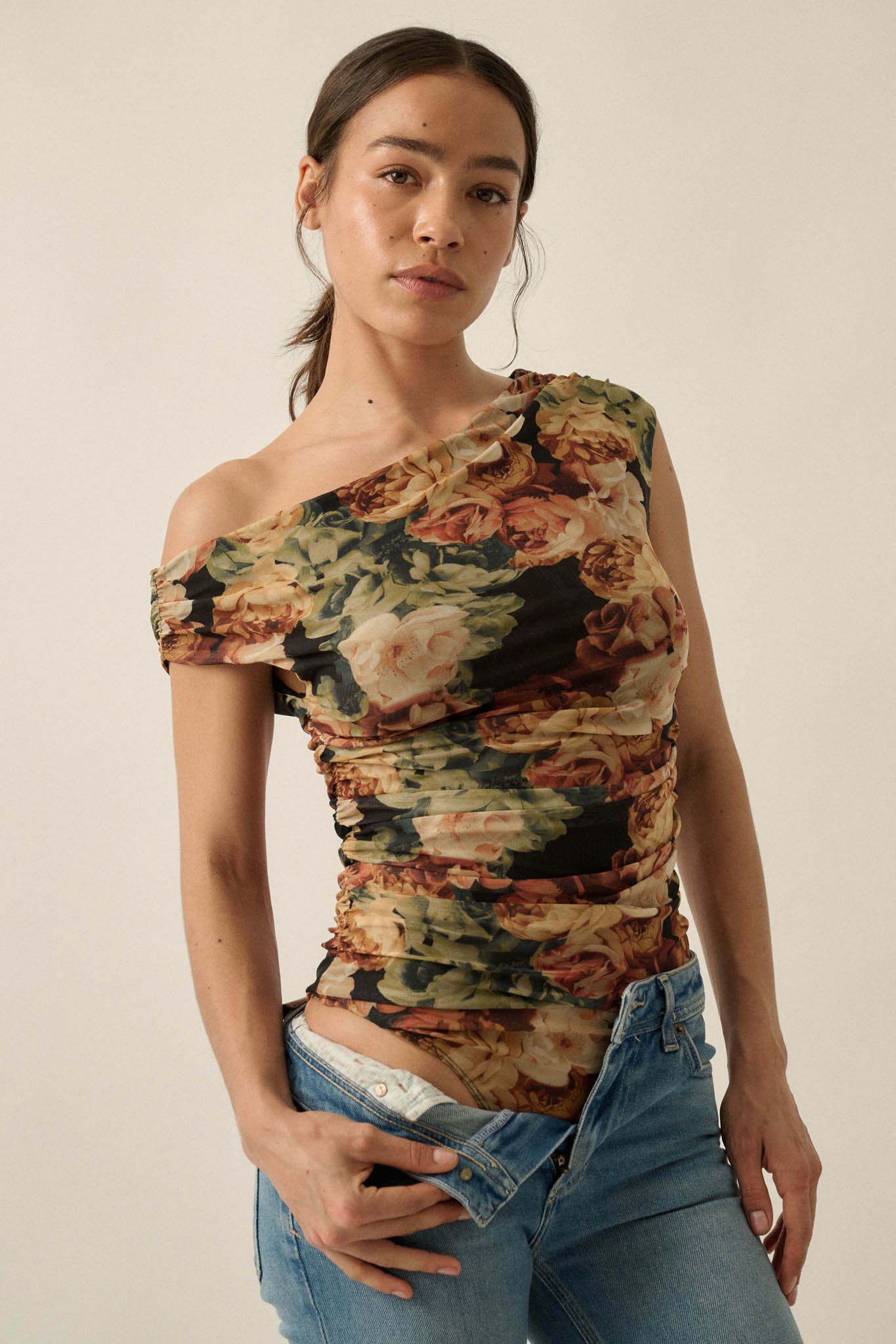 Radiant Roses Floral Mesh One-Shoulder Bodysuit - ShopPromesa
