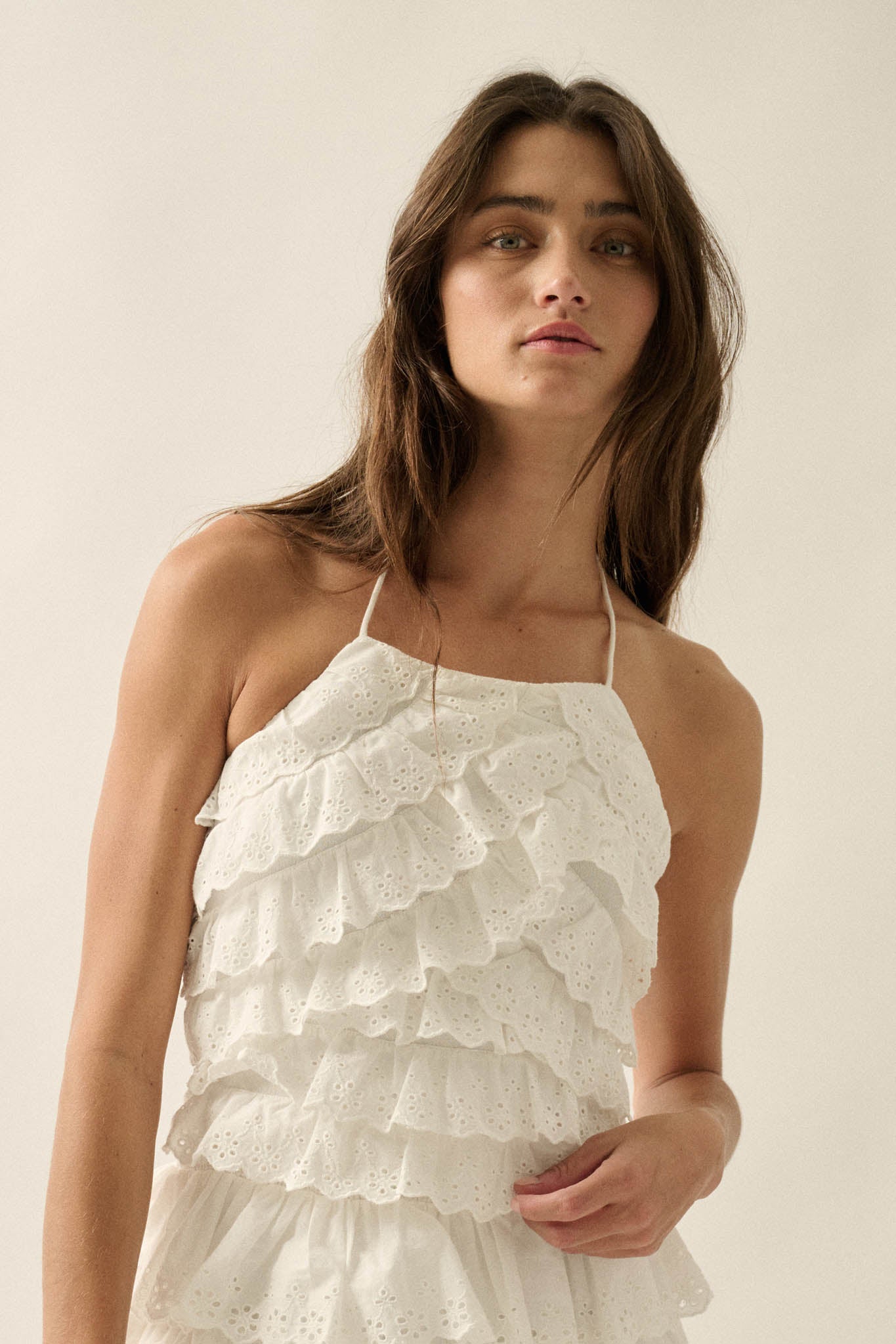 First Crush Tiered Ruffle Eyelet Lace Halter Top - ShopPromesa