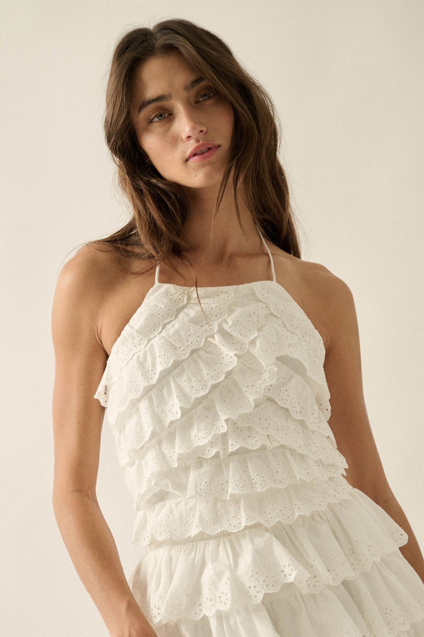 First Crush Tiered Ruffle Eyelet Lace Halter Top - ShopPromesa