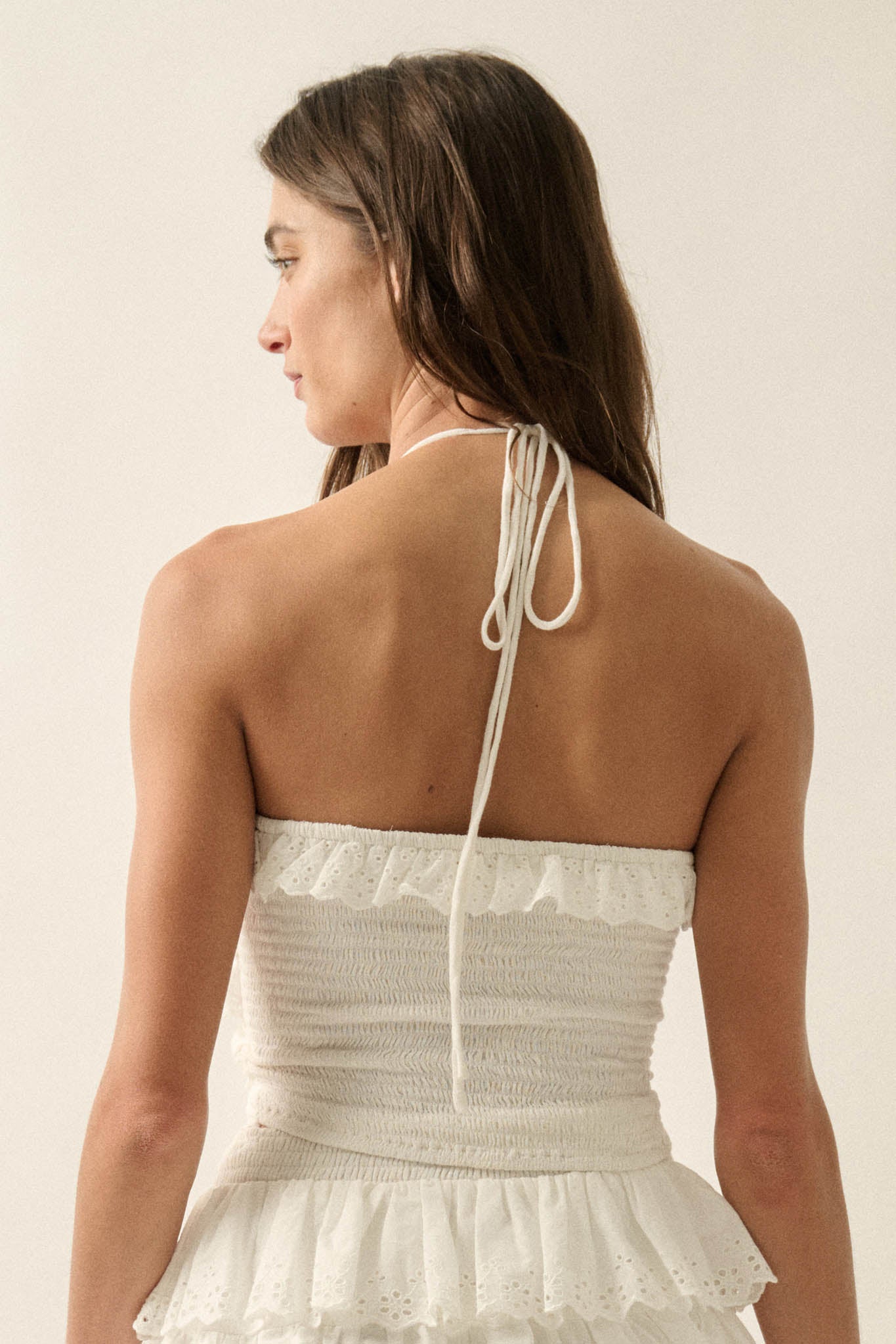 First Crush Tiered Ruffle Eyelet Lace Halter Top - ShopPromesa