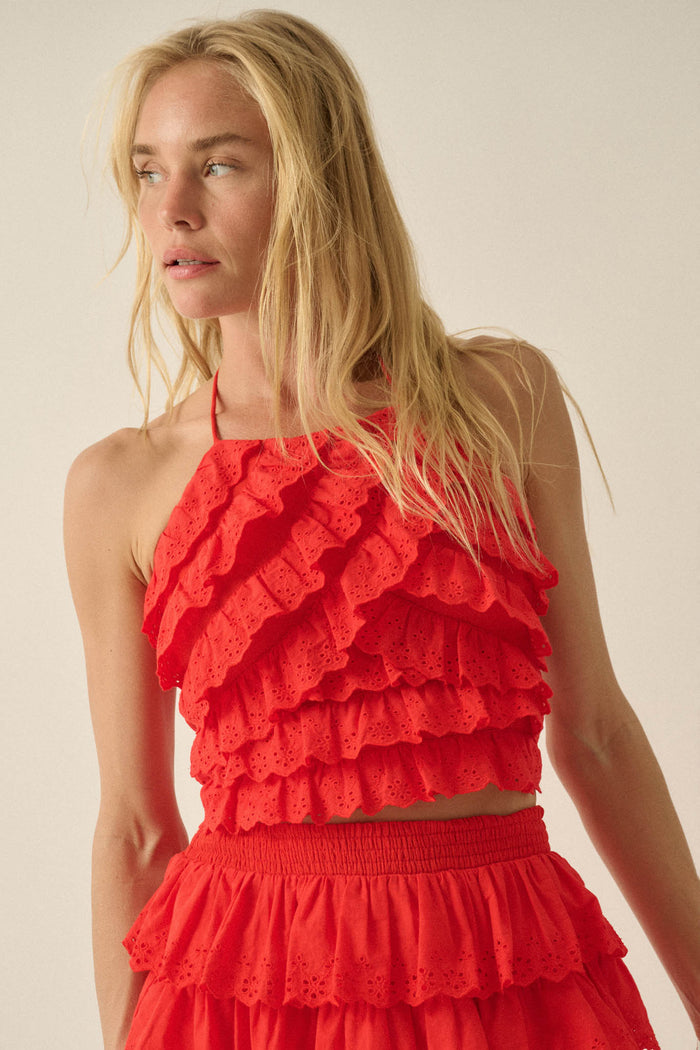 First Crush Tiered Ruffle Eyelet Lace Halter Top - ShopPromesa