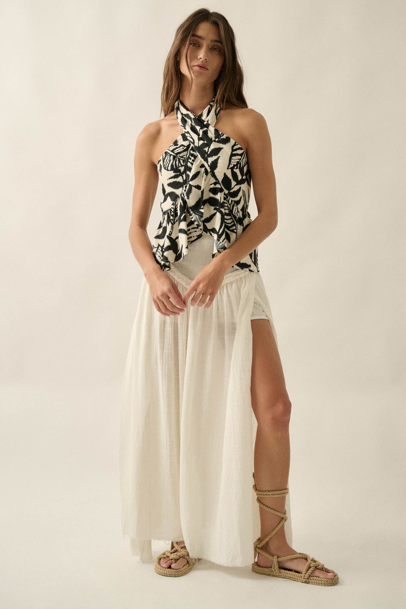 Canopy Breeze Tropical-Print Cross-Front Halter Top - ShopPromesa