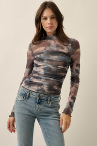 Quiet Storm Abstract Mesh Ruched Mock-Neck Bodysuit - ShopPromesa