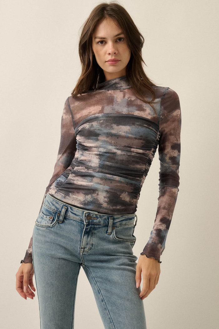 Quiet Storm Abstract Mesh Ruched Mock-Neck Bodysuit - ShopPromesa