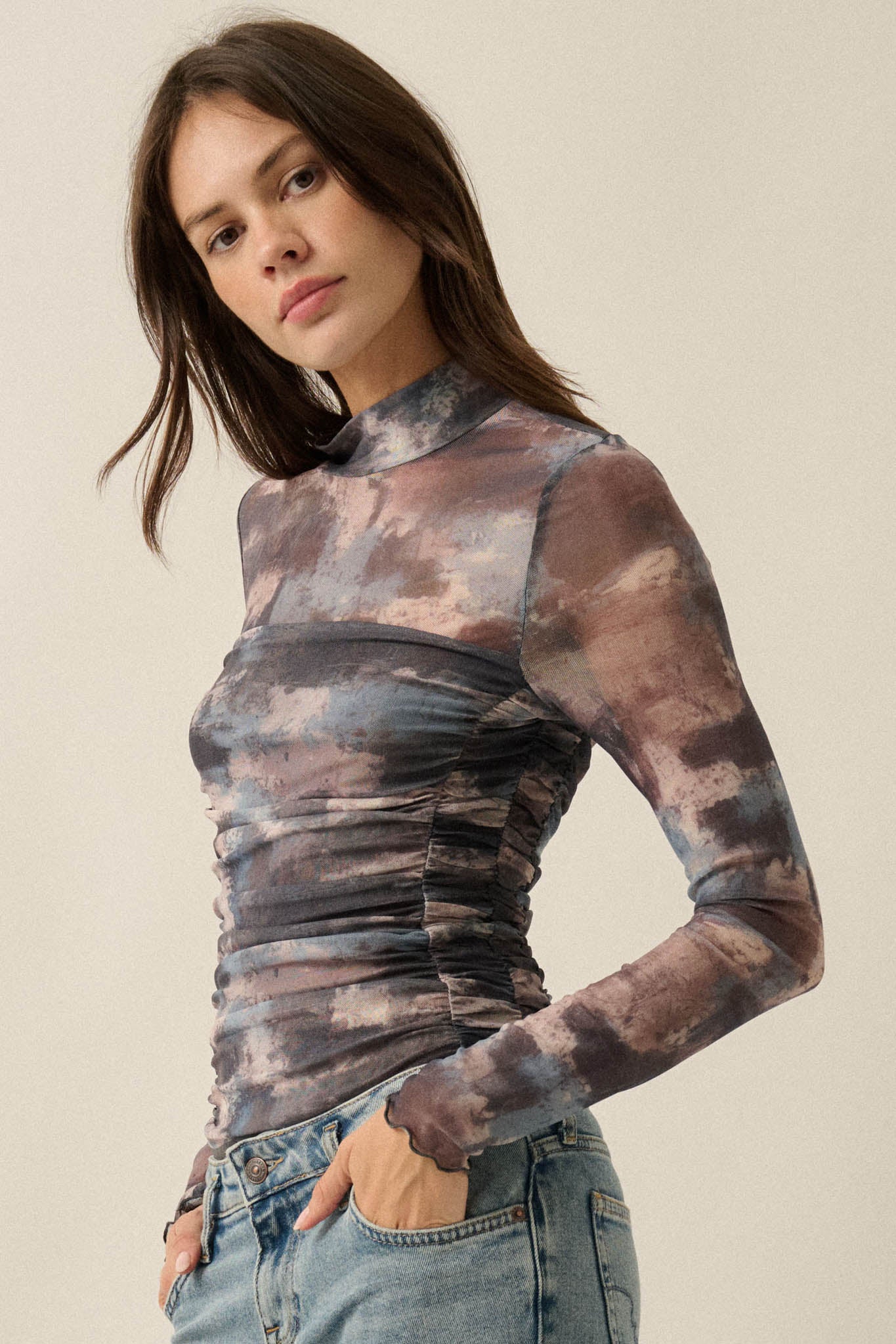 Quiet Storm Abstract Mesh Ruched Mock-Neck Bodysuit - ShopPromesa