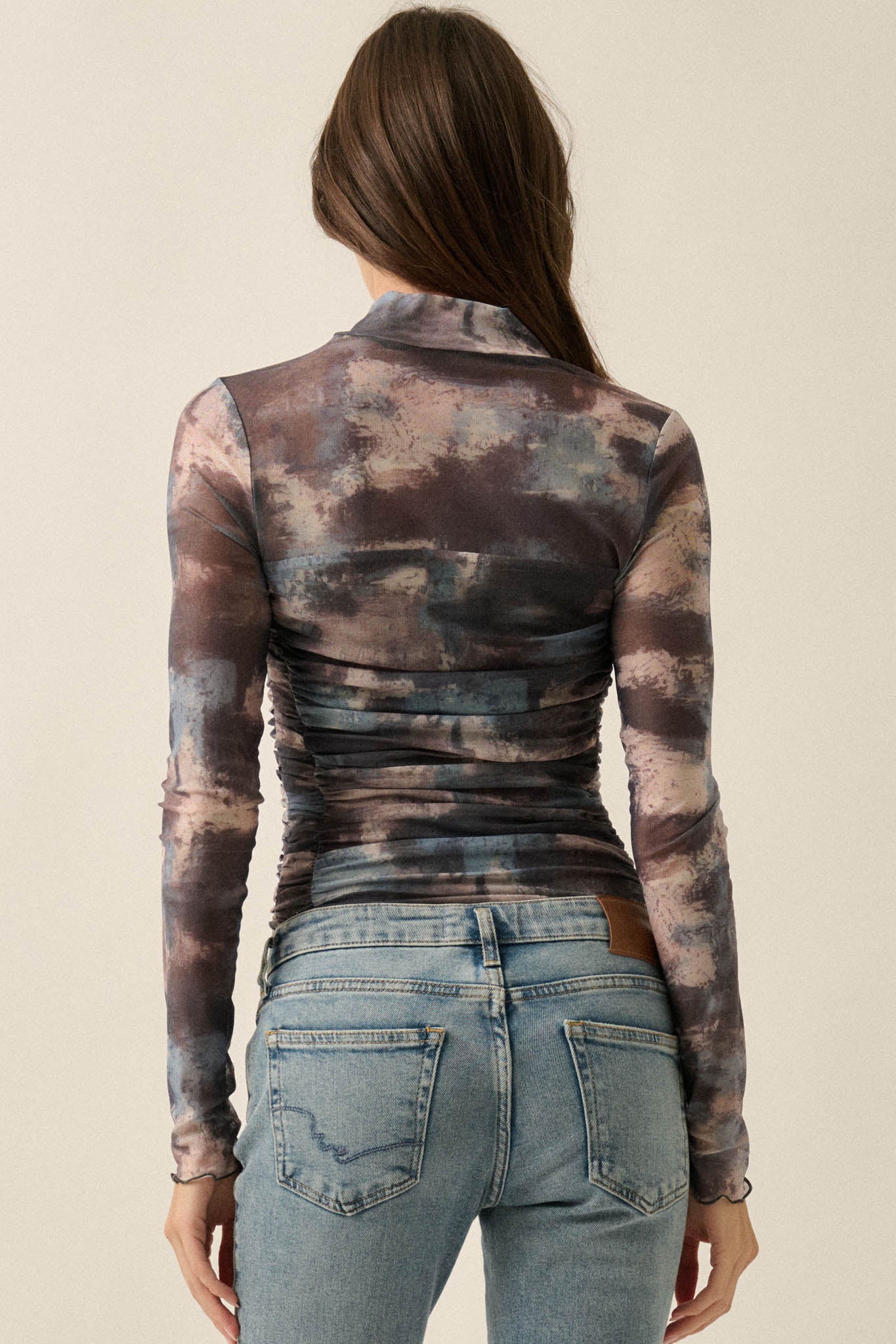 Quiet Storm Abstract Mesh Ruched Mock-Neck Bodysuit - ShopPromesa