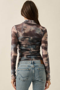 Quiet Storm Abstract Mesh Ruched Mock-Neck Bodysuit - ShopPromesa