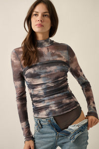 Quiet Storm Abstract Mesh Ruched Mock-Neck Bodysuit - ShopPromesa