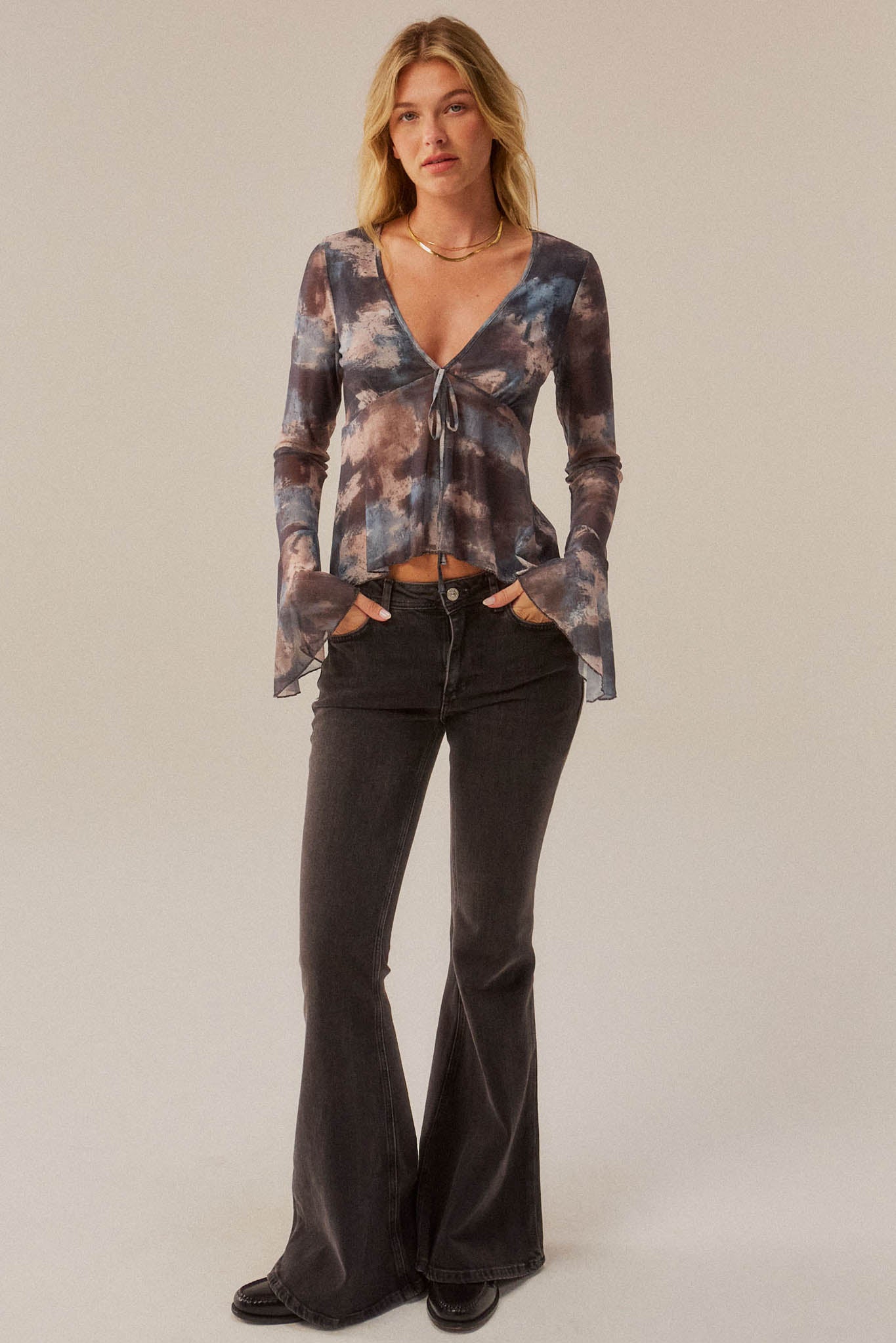 Stormy Weather Abstract Mesh Bell-Sleeve Babydoll Top - ShopPromesa