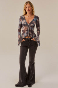 Stormy Weather Abstract Mesh Bell-Sleeve Babydoll Top - ShopPromesa