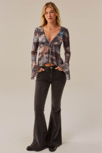 Stormy Weather Abstract Mesh Bell-Sleeve Babydoll Top - ShopPromesa