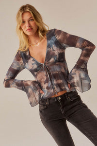 Stormy Weather Abstract Mesh Bell-Sleeve Babydoll Top - ShopPromesa