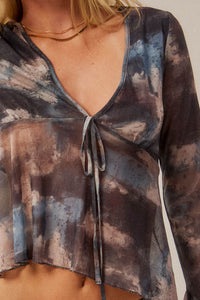 Stormy Weather Abstract Mesh Bell-Sleeve Babydoll Top - ShopPromesa